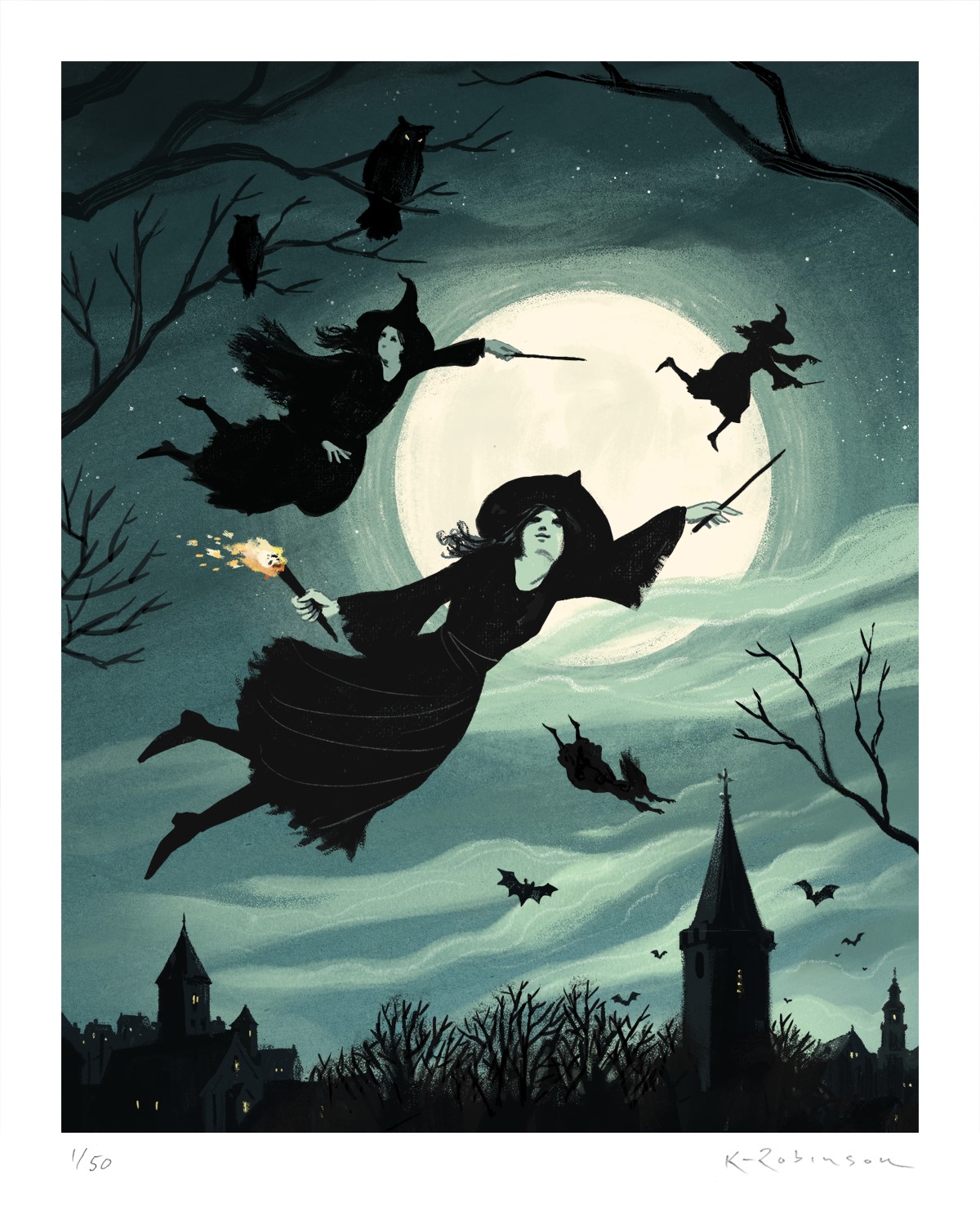 'SIGNED' Print of Guernsey Witches flying home after Le Sabbat